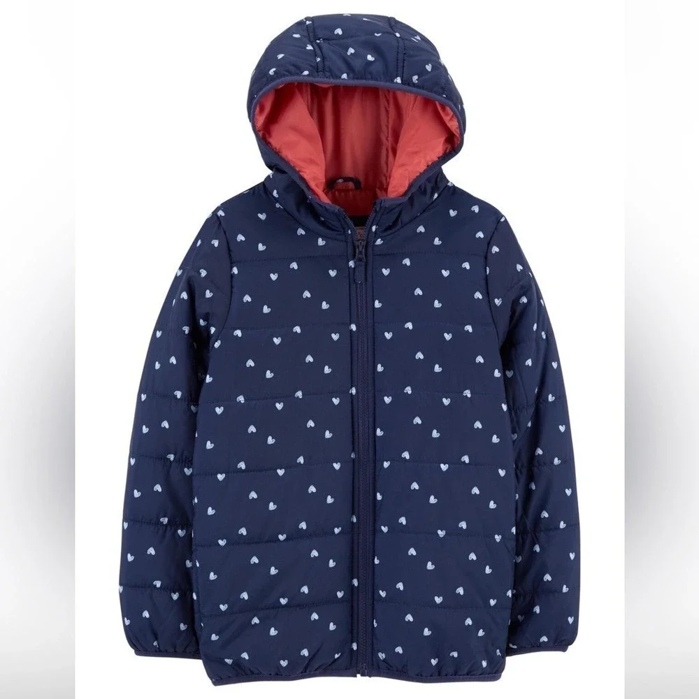 Carter's Puffer Jacket Girls 10 Navy Blue Heart Print Hooded Quilted Coat